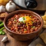 bowl of crock pot chili topped with shredded cheese and sour cream