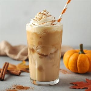 Iced pumpkin latte with a sprinkle of nutmeg and cinnamon