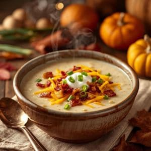 Steaming bowl of potato soup with bacon crumbles and melted cheese