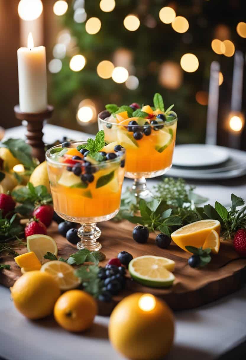 A festive table adorned with colorful mocktail glasses, garnished with fresh fruits and herbs. Twinkling fairy lights and a cozy fireplace create a warm and inviting atmosphere