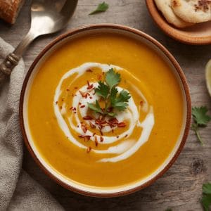 Pumpkin curry soup with coconut drizzle and naan on the side