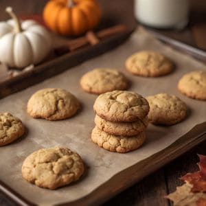 Pumpkin cookies with a glass of milk and mini pumpkins on the table