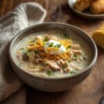Bowl of creamy white chicken chili topped with shredded cheese and cilantro