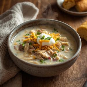 Bowl of creamy white chicken chili topped with shredded cheese and cilantro