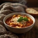 Bowl of lasagna soup topped with melted cheese and fresh basil