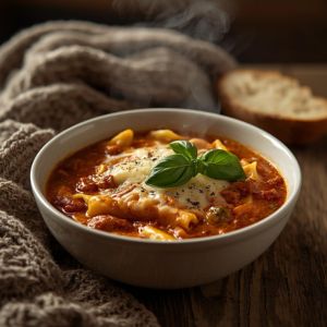 Bowl of lasagna soup topped with melted cheese and fresh basil