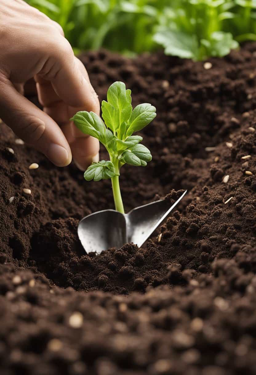 A hand trowel digs into moist soil. A chrysanthemum seedling is gently placed into a hole. The soil is patted down around the base of the plant