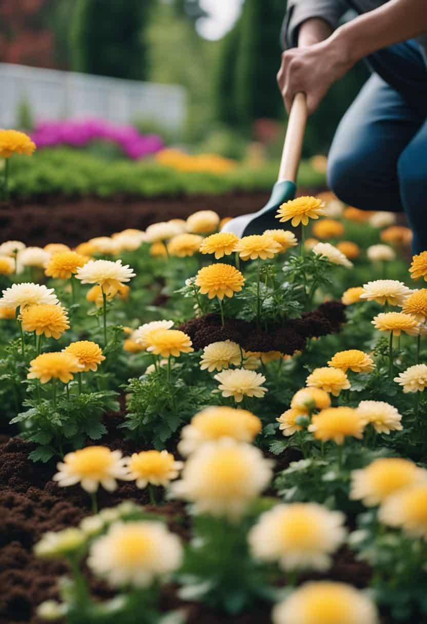 A gardener planting chrysanthemums in rich soil, carefully spacing the vibrant blooms and watering them gently