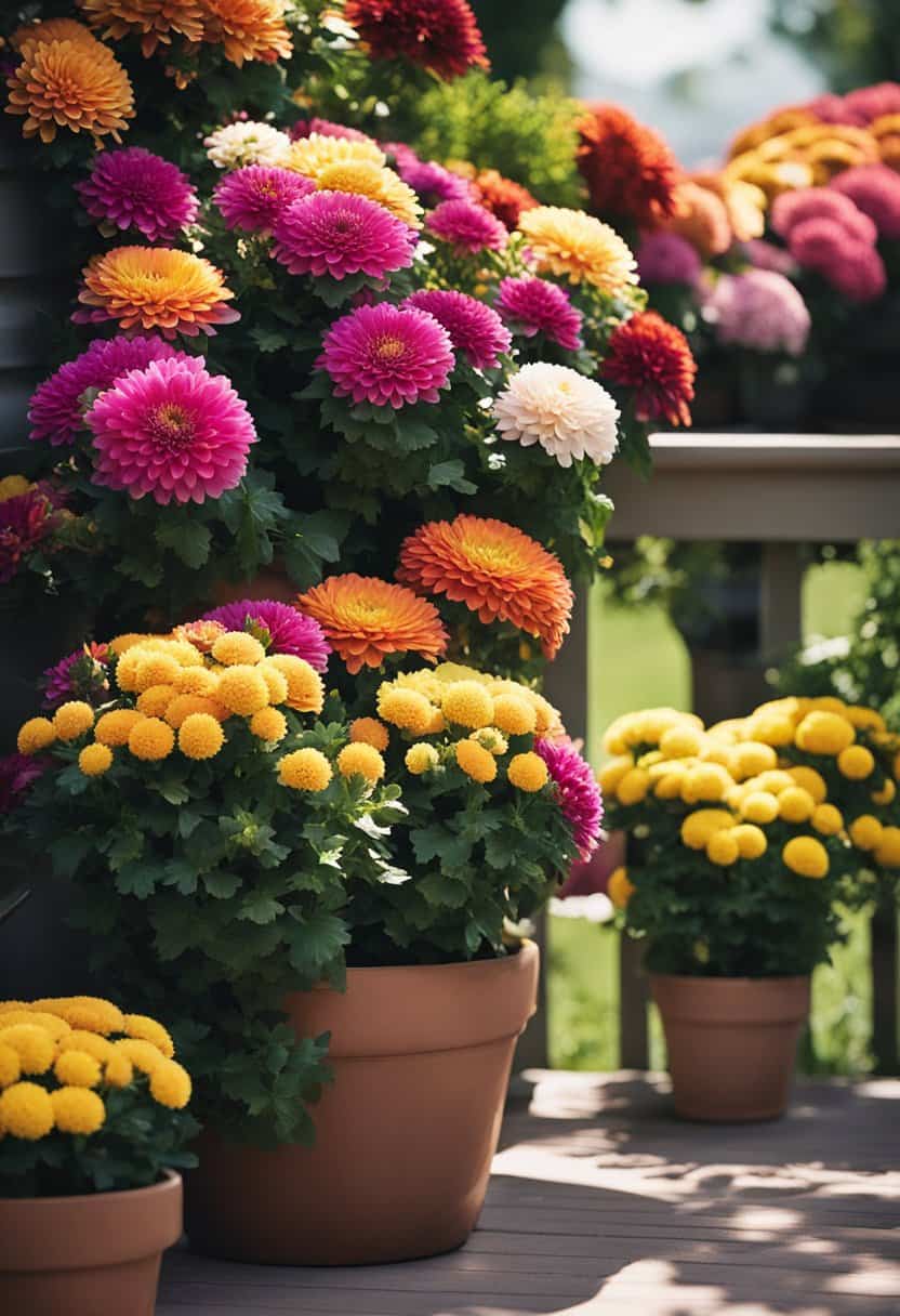 A colorful array of potted mums in various stages of bloom, nestled on a front porch with dappled sunlight filtering through the leaves