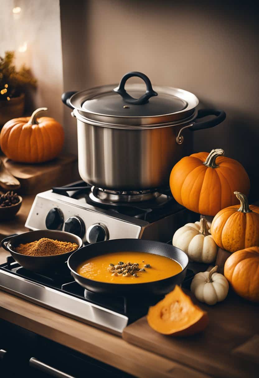 A steaming pot of pumpkin curry soup simmering on a stove, surrounded by vibrant orange pumpkins and fragrant spices