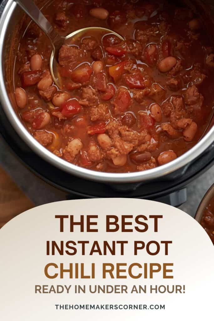 Quick and easy Instant Pot chili topped with sour cream and cheese in a white bowl with a spoon.”