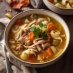 Bowl of chicken noodle soup with carrots, noodles, and autumn decor nearby