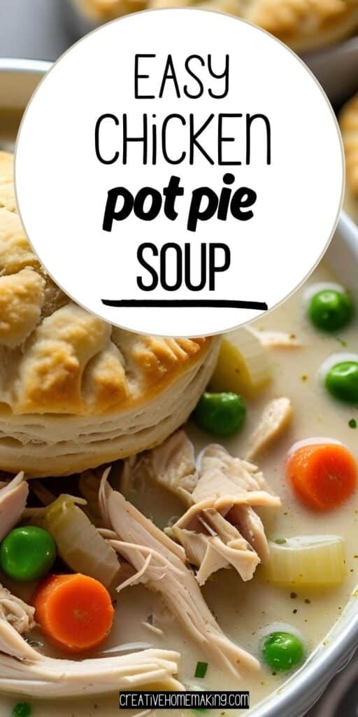 Bowl of creamy chicken pot pie soup with carrots, peas, and flaky biscuits.