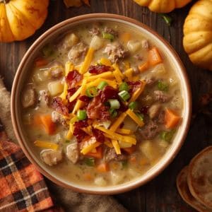 Close-up of cheeseburger soup with melted cheese and crispy bacon bits