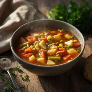 Pot of colorful vegetable soup simmering with carrots, tomatoes, and beans
