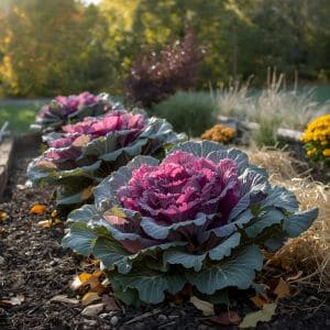 Ornamental cabbage in a container garden with pumpkins and mums
