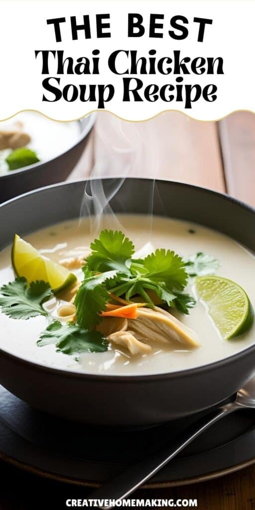 Bowl of Thai chicken soup with coconut milk, fresh herbs, lime wedges
