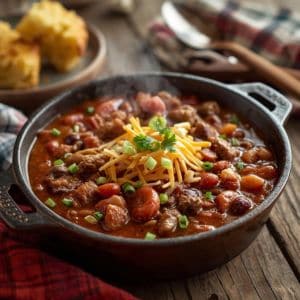 Cast iron pot filled with cowboy chili simmering on the stove