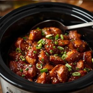 A close-up shot of General Tso's chicken garnished with sesame seeds and served with a side of steamed broccoli.