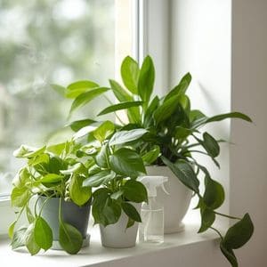 A beautiful, pest-free indoor garden shelf with various healthy plants in decorative pots.