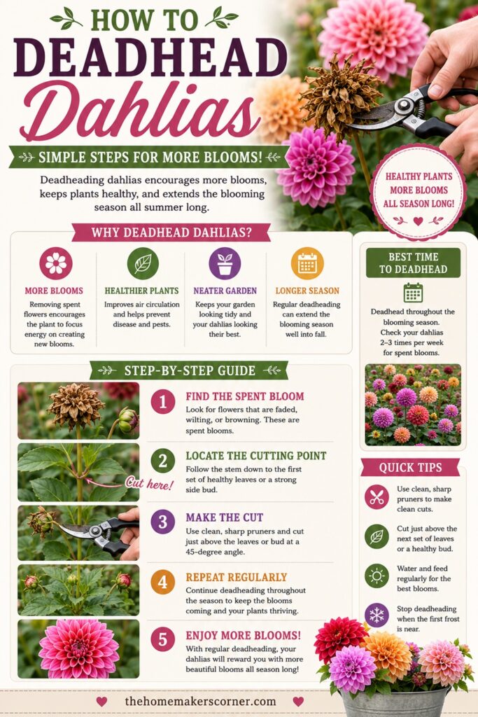 Learn how to deadhead dahlias the right way to encourage continuous blooms all season long. This easy step-by-step guide shows you where to cut spent flowers and how to keep your plants healthy and productive. Perfect for cottage garden flowers, cut flower gardens, and summer garden care.