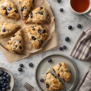 Blueberry scones cooling beside a bowl of fresh blueberries