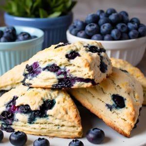 Close-up of a flaky blueberry scone with juicy blueberries, served with a side of clotted cream and lemon zest.