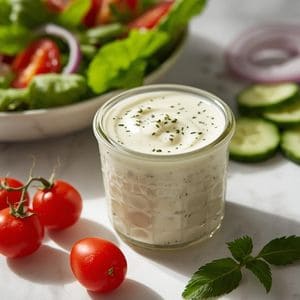 A blender containing feta cheese, Greek yogurt, and fresh herbs being mixed into a smooth dressing.