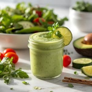Creamy avocado lime dressing in a glass jar with fresh limes and herbs