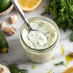 Homemade tzatziki salad dressing in a bowl with cucumber and dill