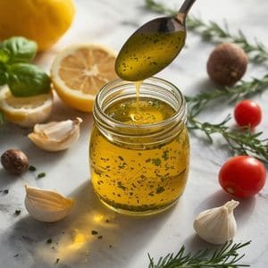 Homemade Mediterranean salad dressing with olive oil and herbs