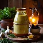 Homemade Mediterranean salad dressing drizzled over a fresh salad.