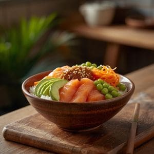 A vibrant bowl of seasoned sushi rice topped with fresh fish, sliced avocado, cucumber, and seaweed salad.