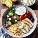 Gluten-free Mediterranean chicken bowl featuring quinoa, feta, olives, and tzatziki