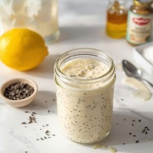 A clear glass jar filled with creamy white poppy seed dressing, showing the tiny black seeds suspended inside.