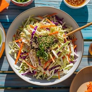 Colorful Asian slaw with shredded cabbage, carrots, and sesame dressing in a bowl
