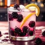 Glass of homemade blackberry bramble cocktail with crushed ice and lemon slice