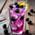 Close-up of a glass of blackberry lemonade garnished with lemon slices and blackberries