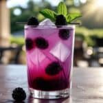 Close-up of blackberry mojito cocktail garnished with mint leaves
