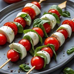 Caprese salad skewers with cherry tomatoes, mozzarella, basil, and balsamic glaze on a summer picnic table