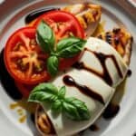 Healthy chicken caprese served with balsamic glaze and fresh basil