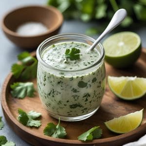 Bowl of creamy cilantro lime dressing with fresh cilantro and lime wedges