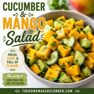 This fresh cucumber and mango salad is the perfect combination of sweet, juicy mangoes and crisp cucumbers. Tossed with a light, refreshing dressing, it's an easy side dish for summer BBQs, picnics, grilled chicken, fish, or tacos. Perfect for simple homemade living and garden-inspired meals.