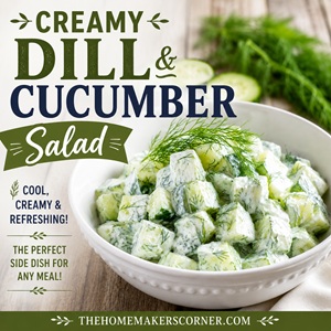 This creamy dill cucumber salad is cool, crisp, and full of fresh flavor! Made with crunchy cucumbers, fresh dill, and a creamy homemade dressing, it's the perfect side dish for cookouts, BBQs, picnics, and summer dinners. A delicious recipe for simple homemade living.