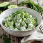Creamy cucumber and dill salad with fresh herbs in a white bowl
