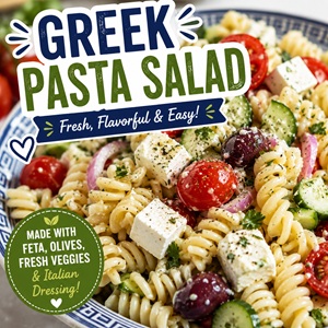 This fresh Greek pasta salad is loaded with pasta, feta cheese, cucumbers, olives, and tomatoes for the perfect summer side dish. Great for BBQs, picnics, church potlucks, and easy family dinners.