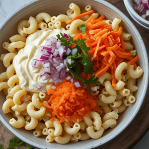 Creamy Hawaiian macaroni salad with carrots and onions in a bowl