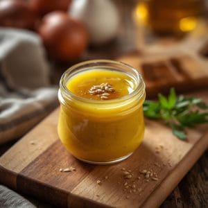 Honey mustard dressing being drizzled from a silver spoon over a crisp garden salad.