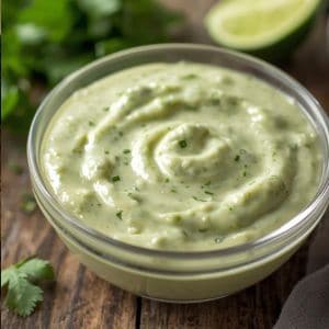 A close-up shot of creamy green dressing in a small dipping bowl surrounded by tortilla chips and lime wedges.