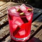 Close-up of rhubarb lemonade in a mason jar with a striped straw and lemon garnish